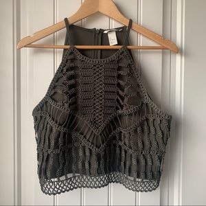 H&M Crochet Halter Neck Crop Top Green Sz L